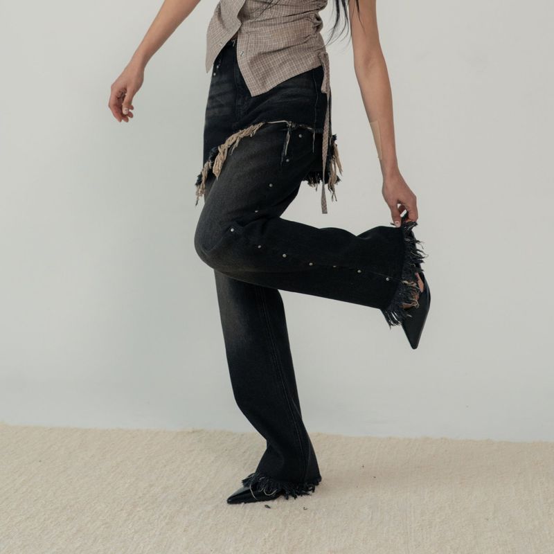 STUD DENIM SKIRT LAYERED PANTS (BLACK)