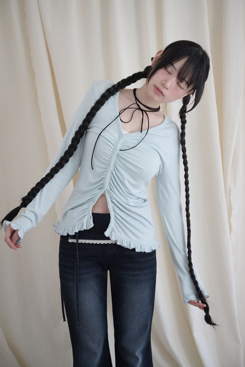 ASYMMETRIC SHIRRING LACE CARDIGAN MINT