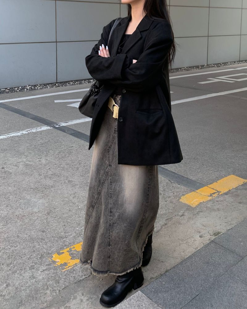 Rough denim long skirt