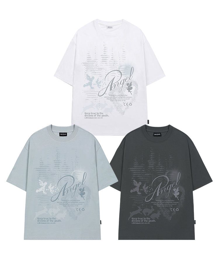 エンジェルラビットアスキーグラフィックオーバーフィットTシャツ - グレイッシュブルー