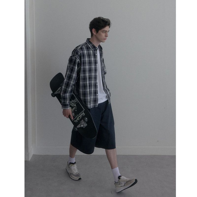 Vintage Washing gray blue check shirts