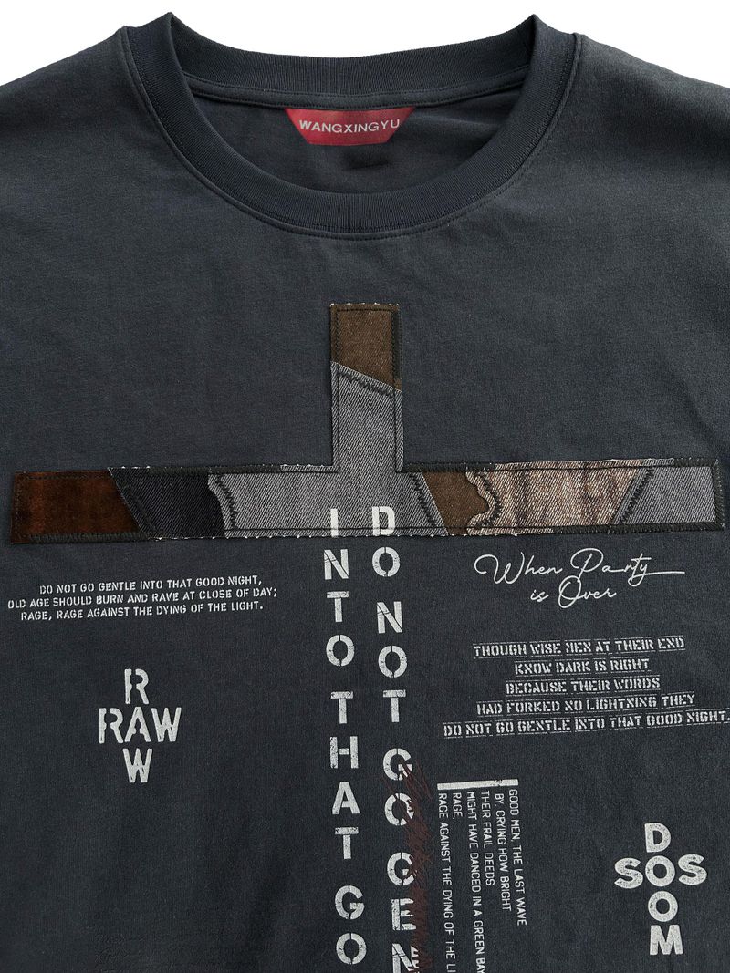 FLOCKED DENIM PATCHWORK EMBROIDERY TEXT PRINT WASHED AND DISTRESSED LONG SLEEVE T-SHIRT