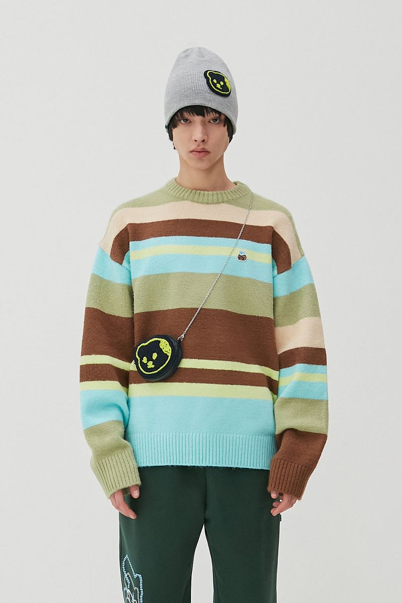 APIECEOFCAKE（ピースオブケイク）の「Bear Patch Multi Stripe Knit_Olive Green（Tops）」