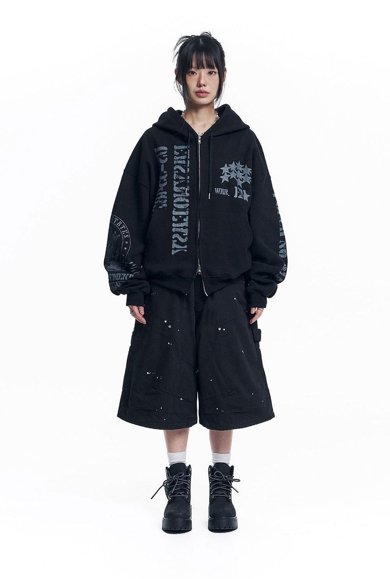 Marine Crack Print Hooded Zip-Up - Black