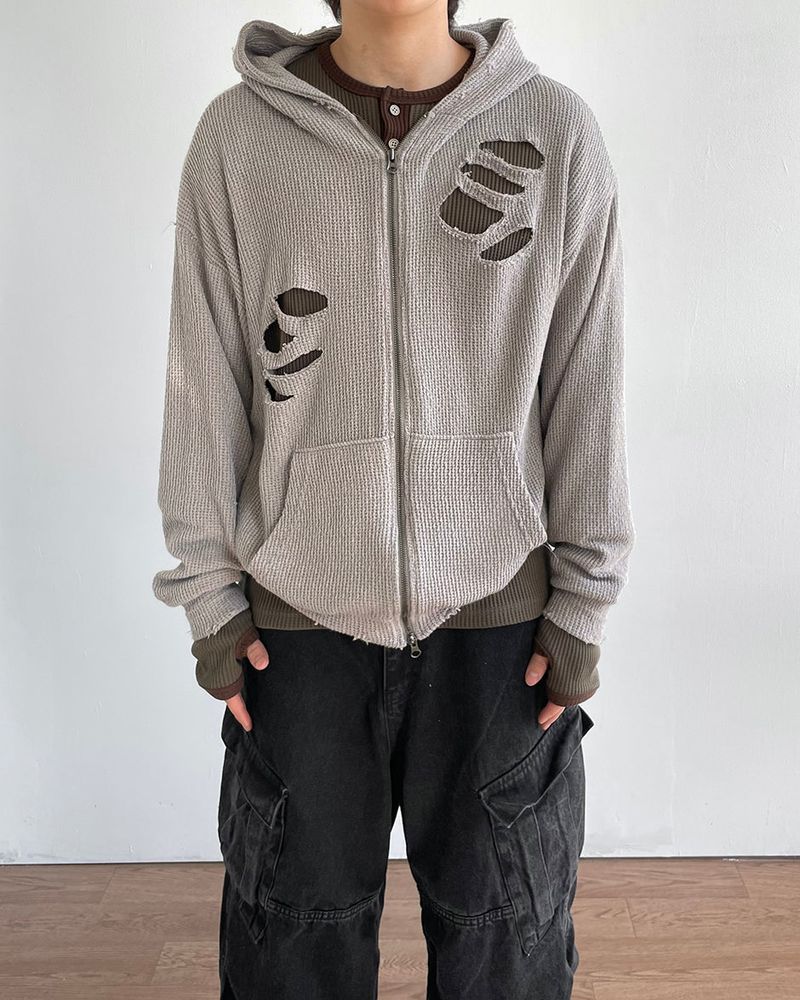Broken Knit Hooded Zip-Up