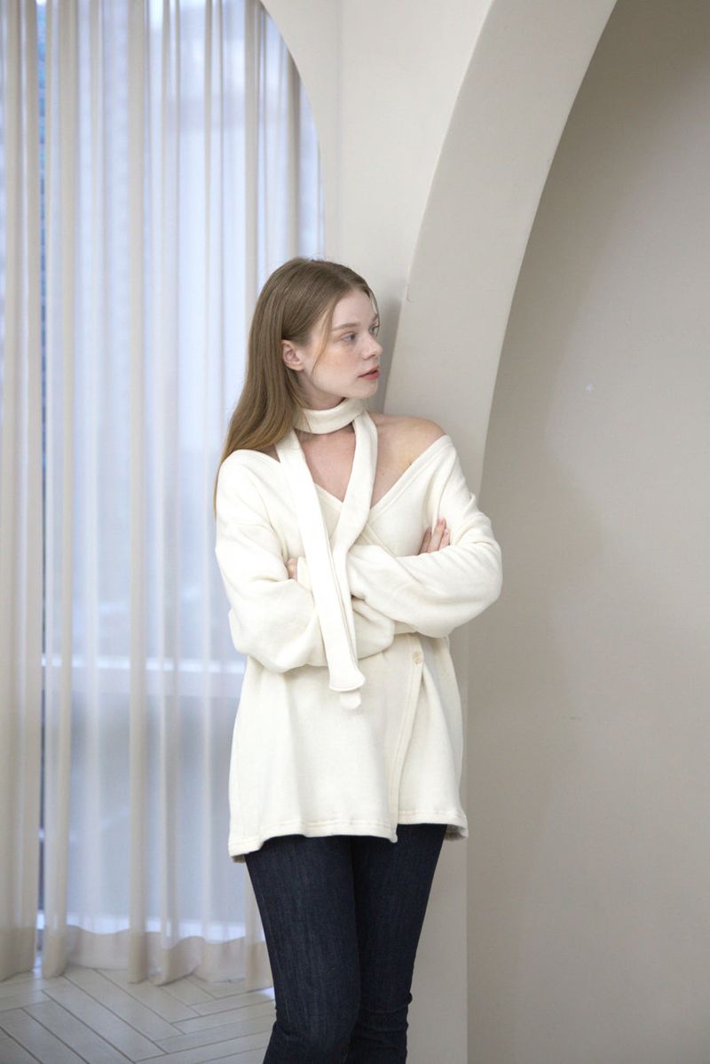 Offshoulder Wrap Strap Cardigan Ivory