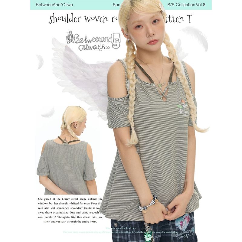 BETWEENANDxOliwa Summer retro green striped knit rope patterned cat T-shirt, short-sleeved shirt that helps conceal body contours