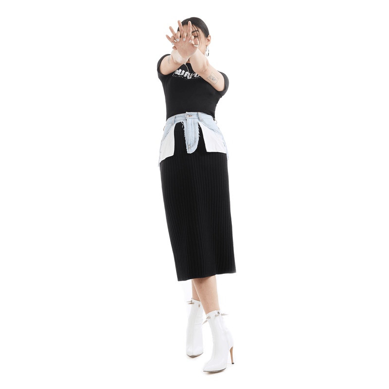 Destroyed Denim Knit Skirt
