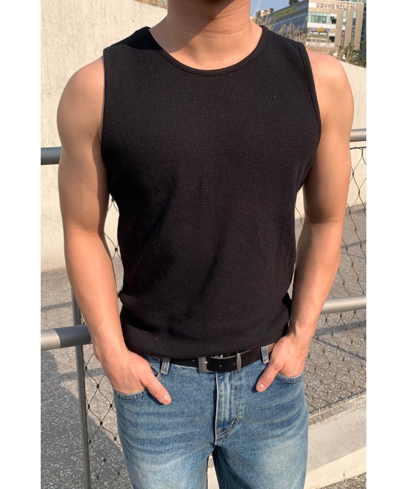 [1+1] Waffle Crop Sleeveless Tee