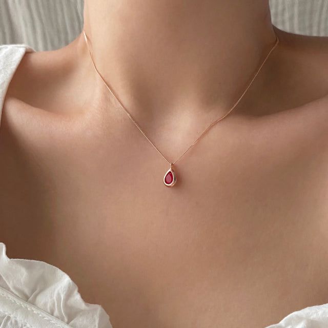 rr Silver 925 Rose Gold Natural Ruby Stone Water Drop Daily Necklace