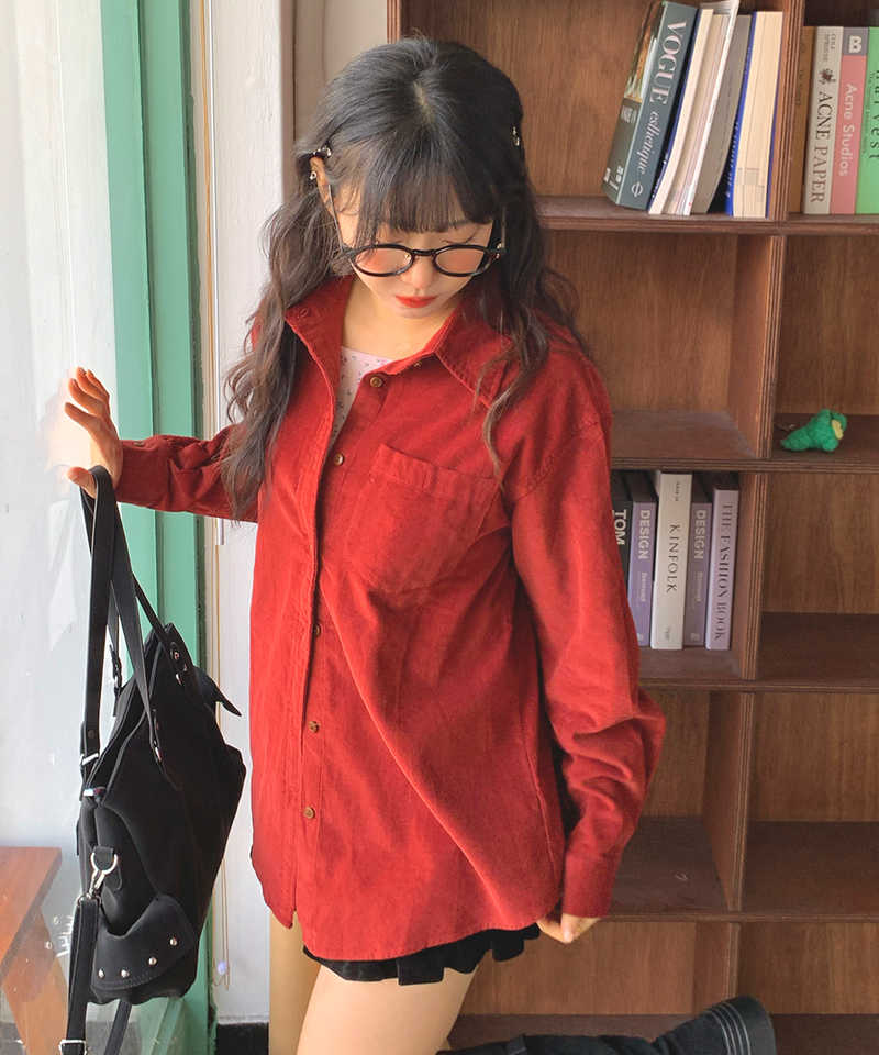 Corduroy Collar Shirt Shirt Blouse Basic Item Cotton