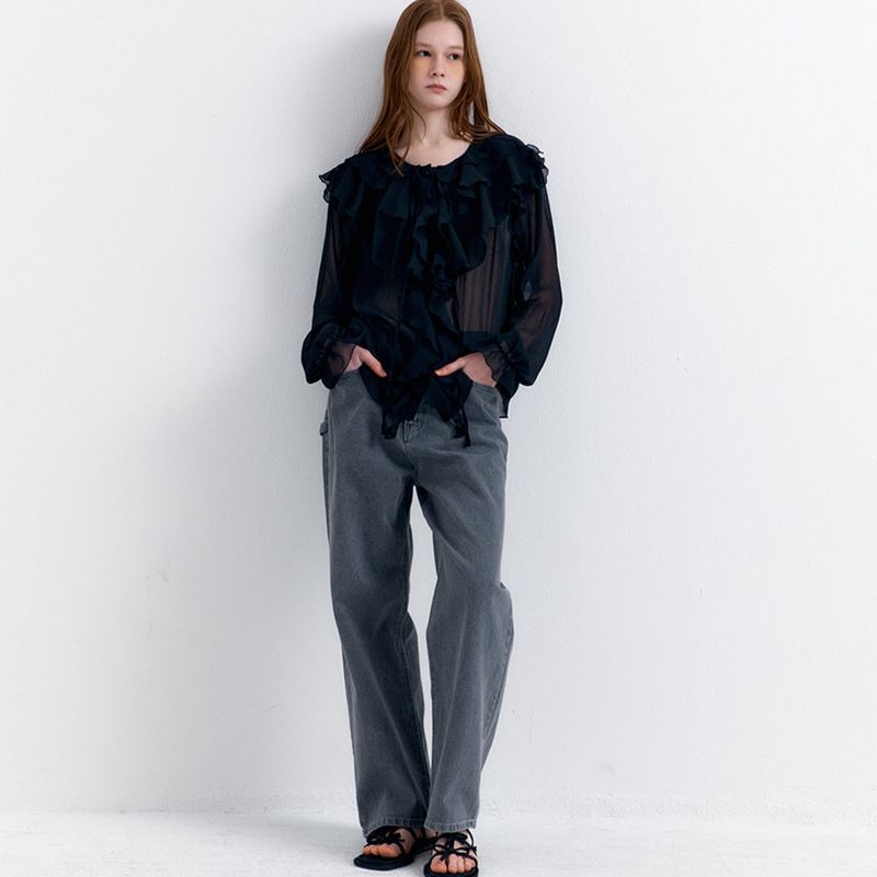 See-through Frill Blouse Black
