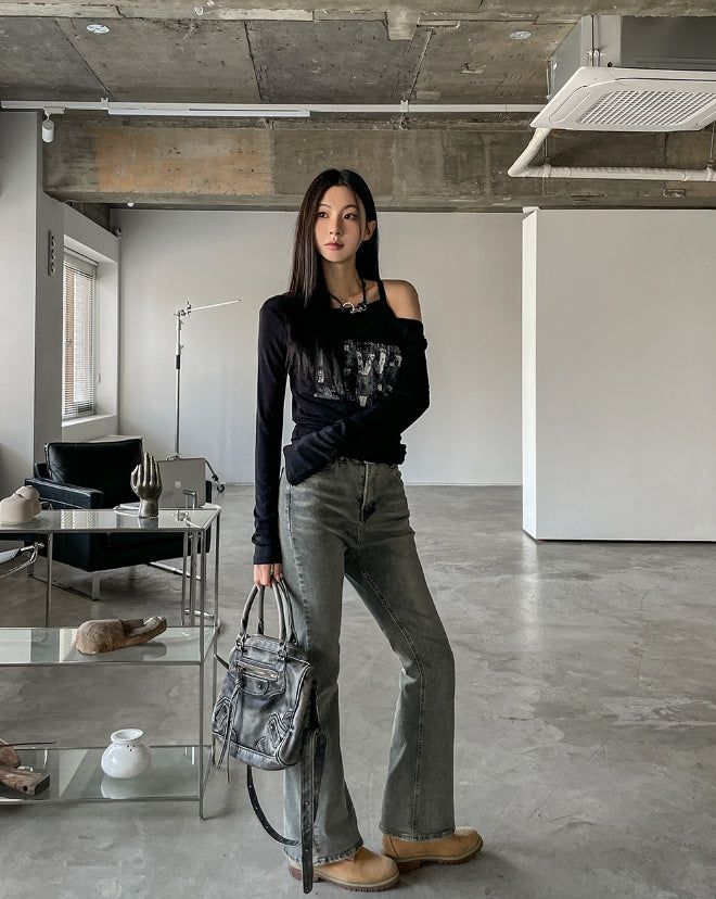 Grayish Washing Bootcut Denim Pants