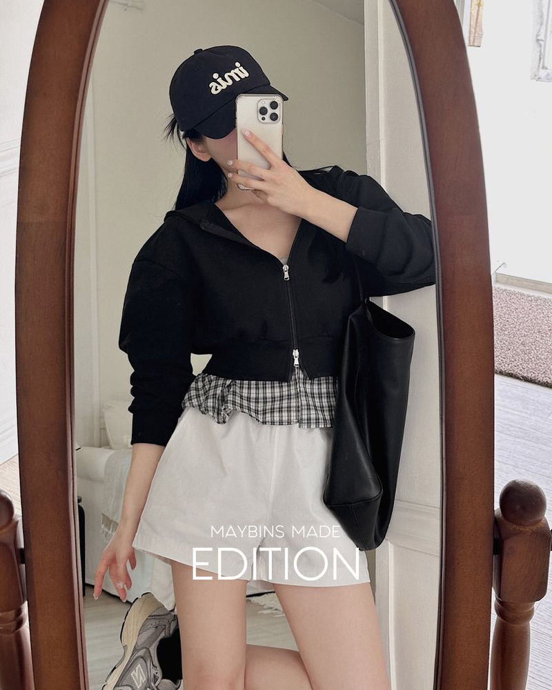 [MADE] Check frill hooded zip-up