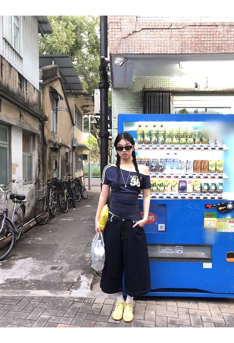 Checked pocket dark blue wide cropped denim