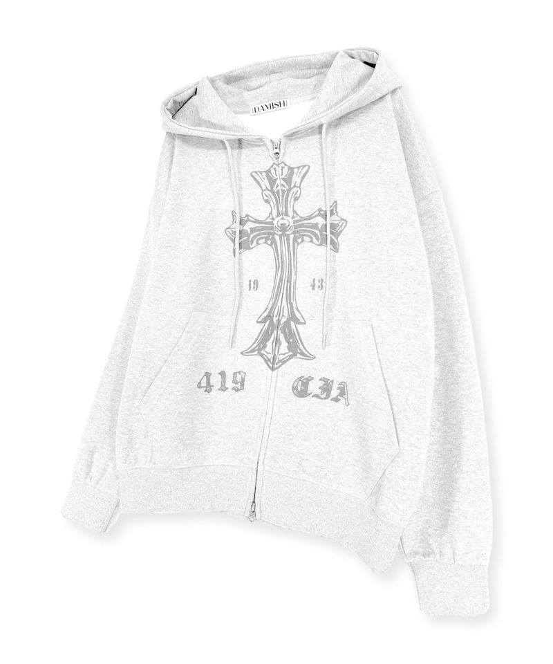 DAMISH（ダミッシュ）の「Vintage Cross Twoway  Hoodie Zip-up_White Gray（Tops）」