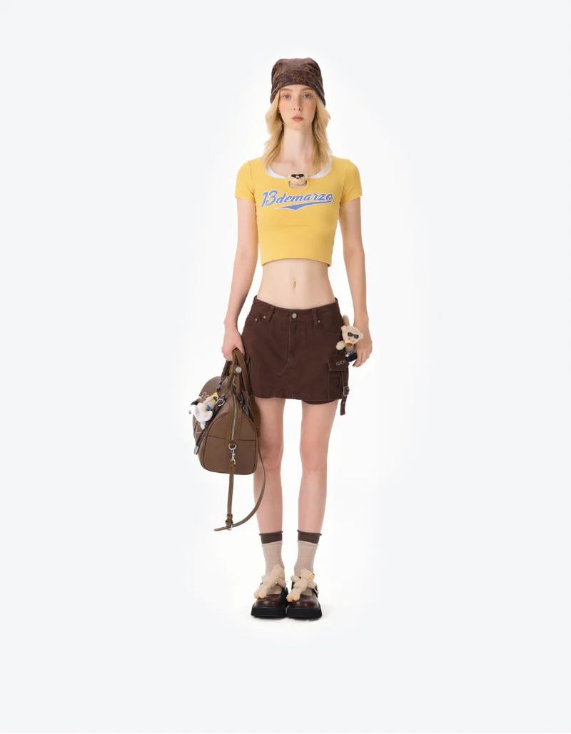 13DE MARZO Camera Bear Cargo Skirt Brown