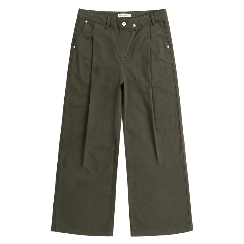 OFF-CENTER TUCK COTTON PANTS (KHAKI GRAY)