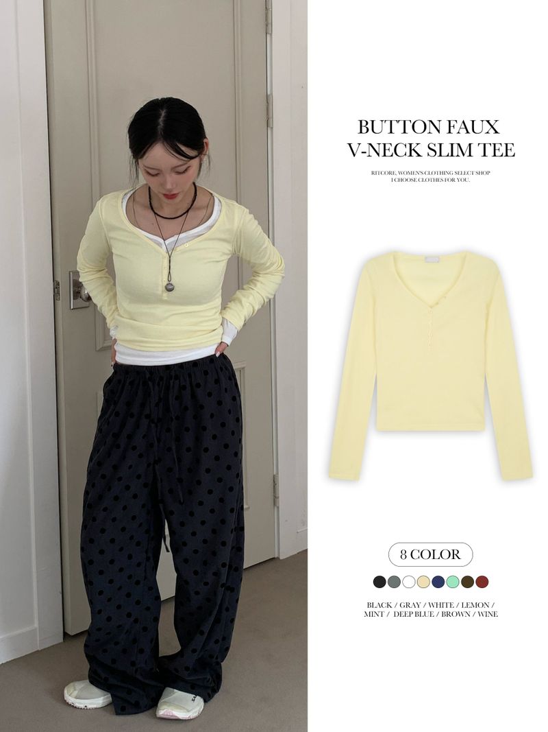 RITCORE（リットコア）の「Button Fake V-Neck Ribbed Slim Tee (8c)（Tops）」
