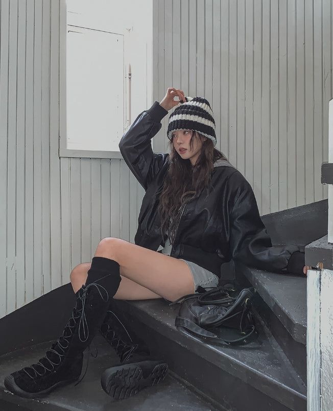 [Mink Lining] Phobia Winter Crop Leather Jacket