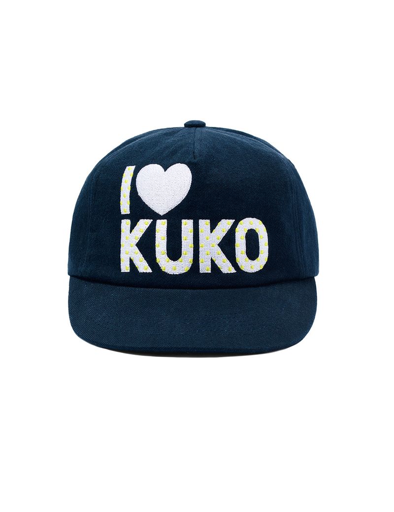 KUKO（クコ）の「I❤︎KUKO ドット5パネルキャップ_ネイビーイエロー（帽子）」