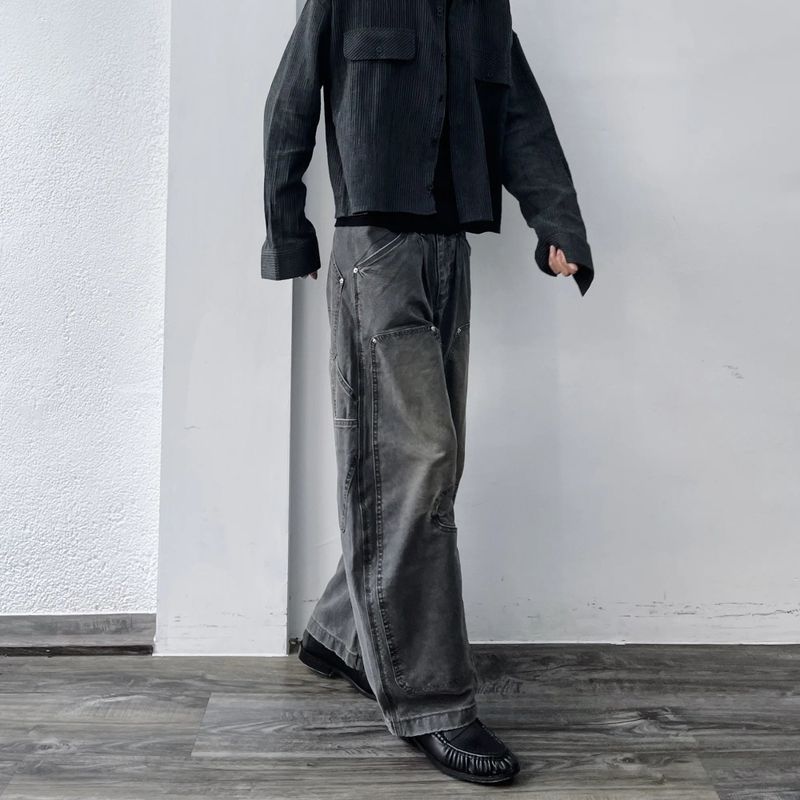 Curved Double-Knee Washed Trousers