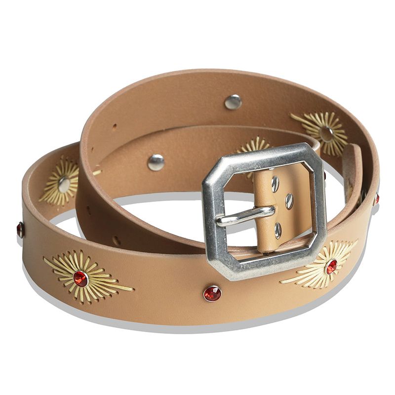 crystal stud & wax thread leather belt beige