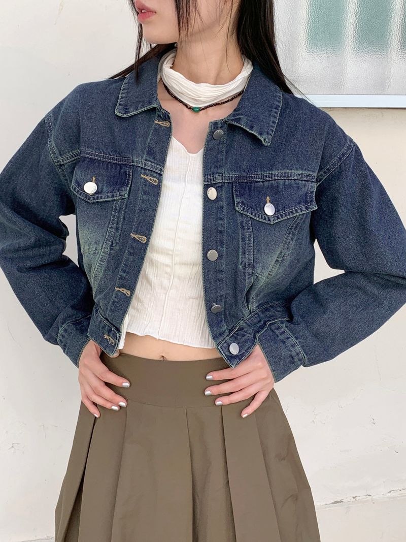 ビンテージウォッシングピンタックデニムクロップドジャケット