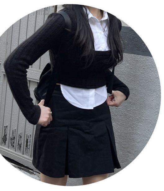 School Look Shirt Cardigan Layered Set
