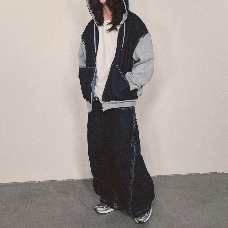 layered deconstructed denim pants_blue