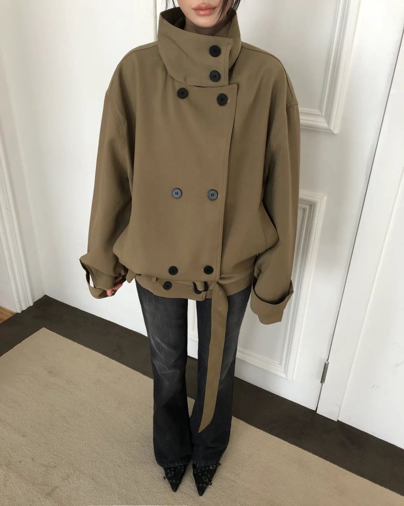 Keini High Neck Double-Breasted Short Trench Jacket