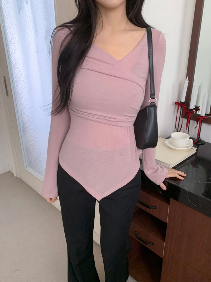 Berre Wrap Shirring Asymmetric Long Sleeve Tee