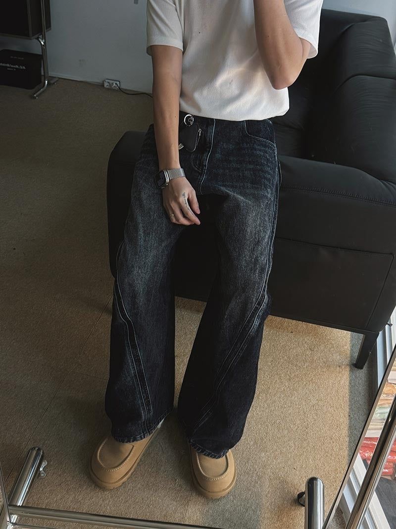 [Premium] Floppy Curved Denim Pants (Blue)