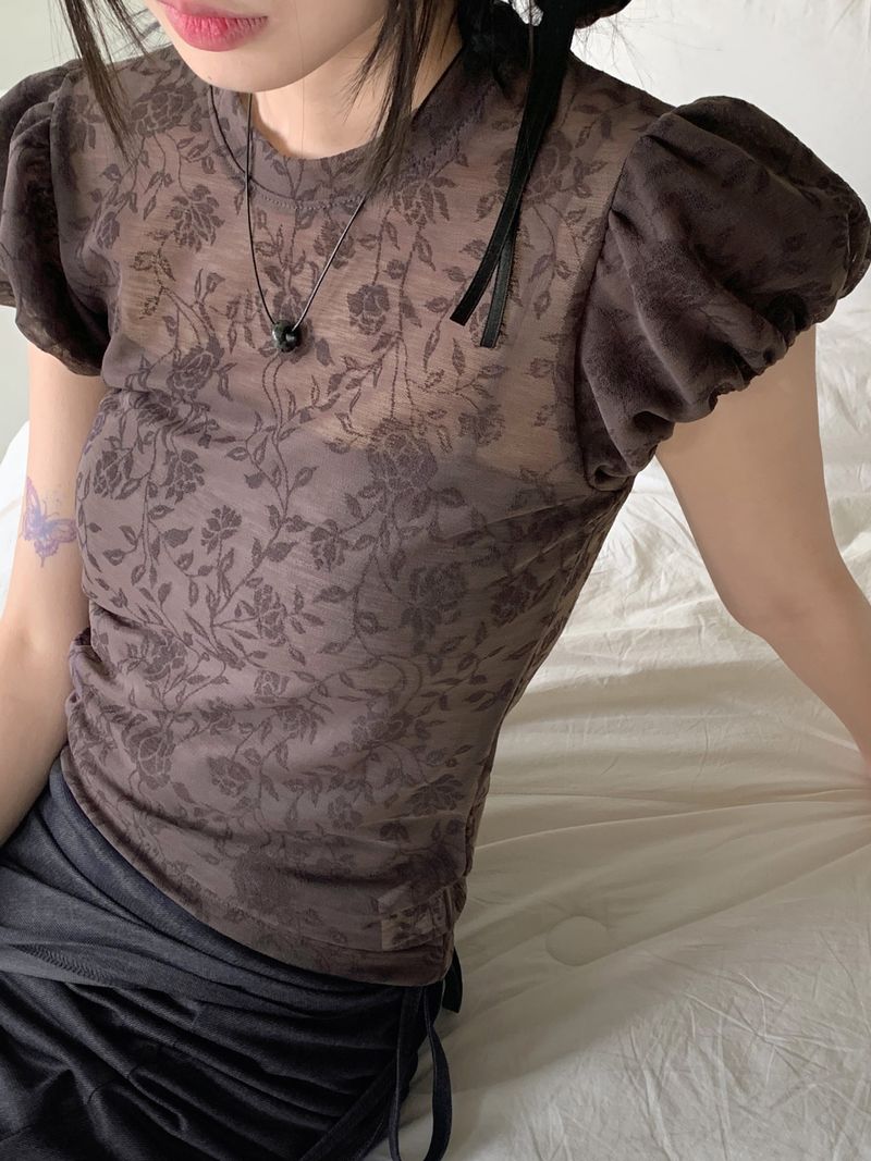 Pere See-Through Flower Puff Short-Sleeved T-Shirt