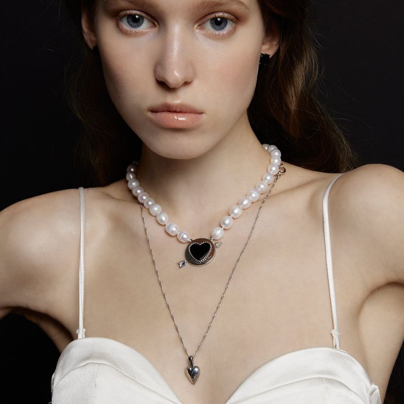 Cupid Heart Pearl Necklace_Silver