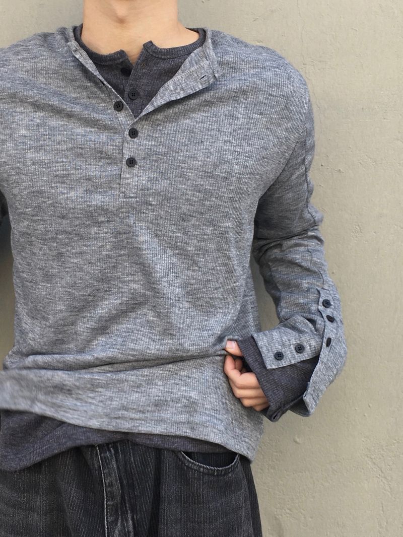 Karu Ribbed Henley Neck Button Long Sleeve 3C