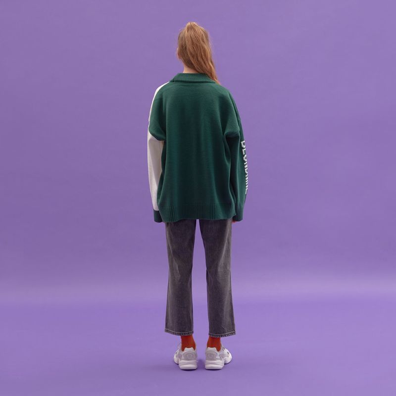 INTARSIA HALF HALF KNIT CARDIGAN_KHAKI