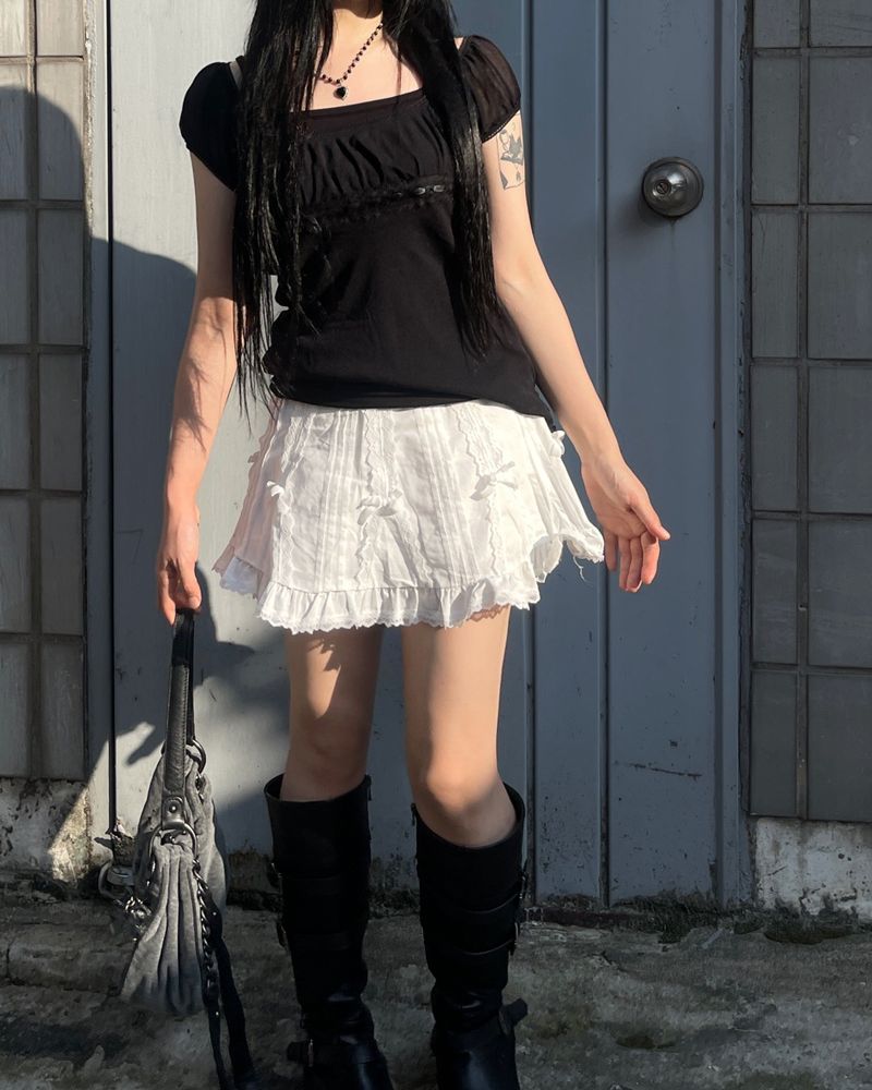 Tommy off-shoulder ribbon sheer top