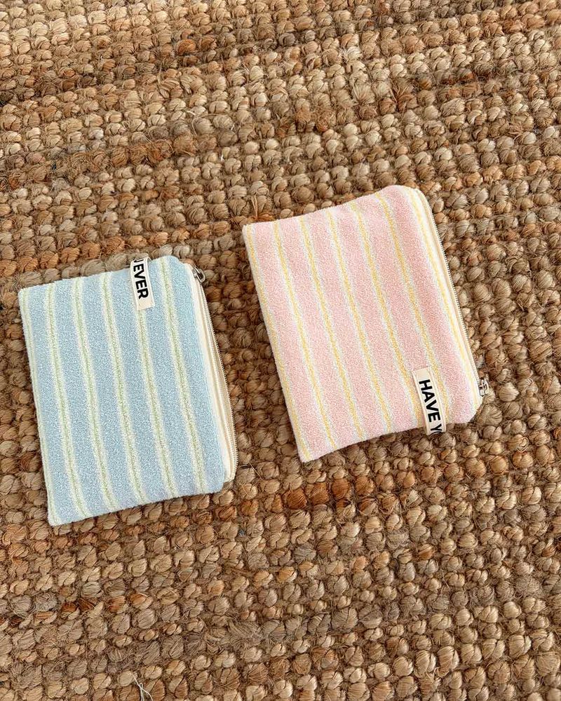 Terry candy stripe flat pouch - blue , S size