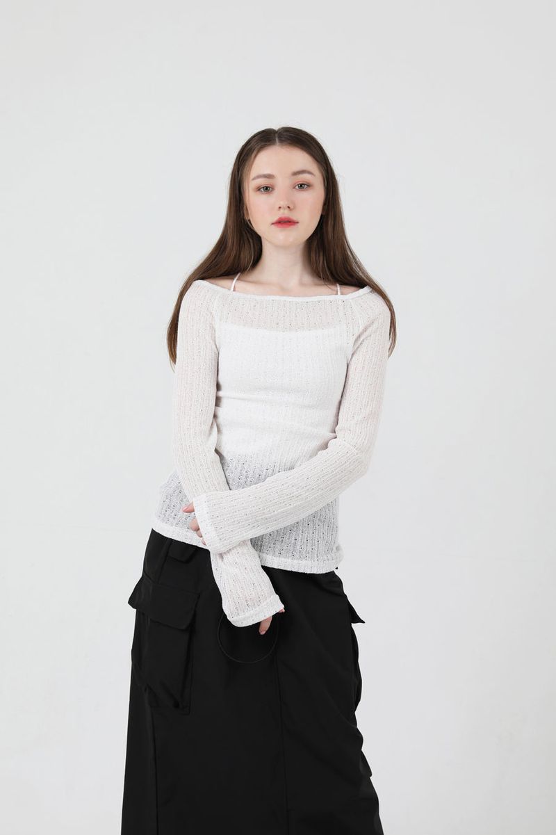 See-Throught Back Slit Long Sleeve Knit White