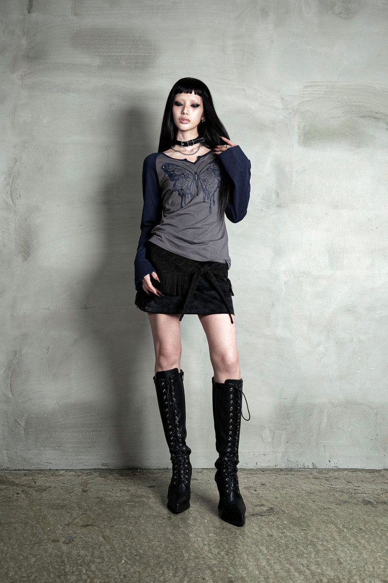 ROSE BUTTERFLY RAGLAN T-SHIRT #NAVY GRAY