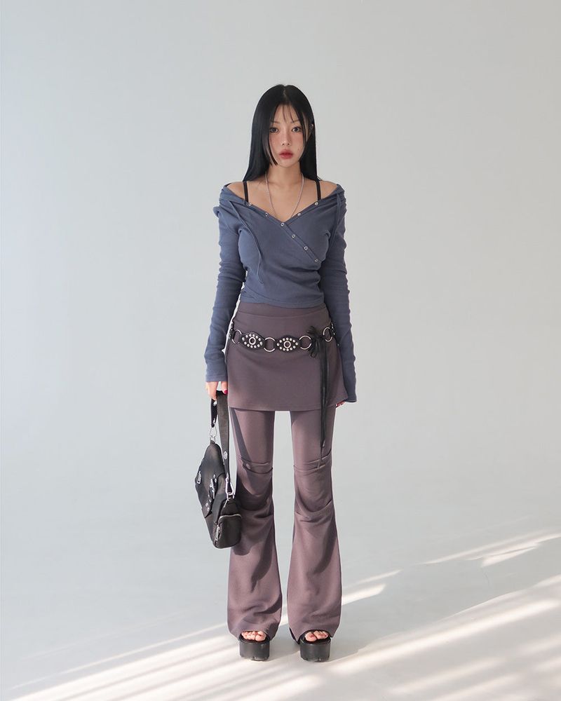 Hood Diagonal Snap Button Wrap T-Shirt