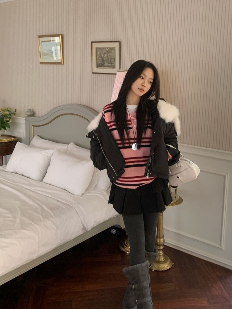Ice Bloom Fur-Collar Duck Down Short Puffer