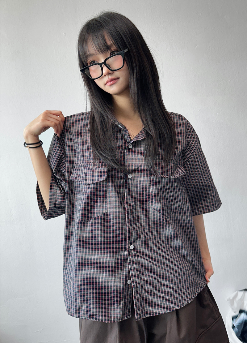 Cake Check Button Collar Short Sleeve Shirt 2 COLORS