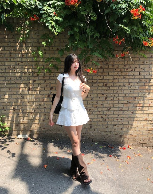 Rib Unbalanced Button Sheer Blouse