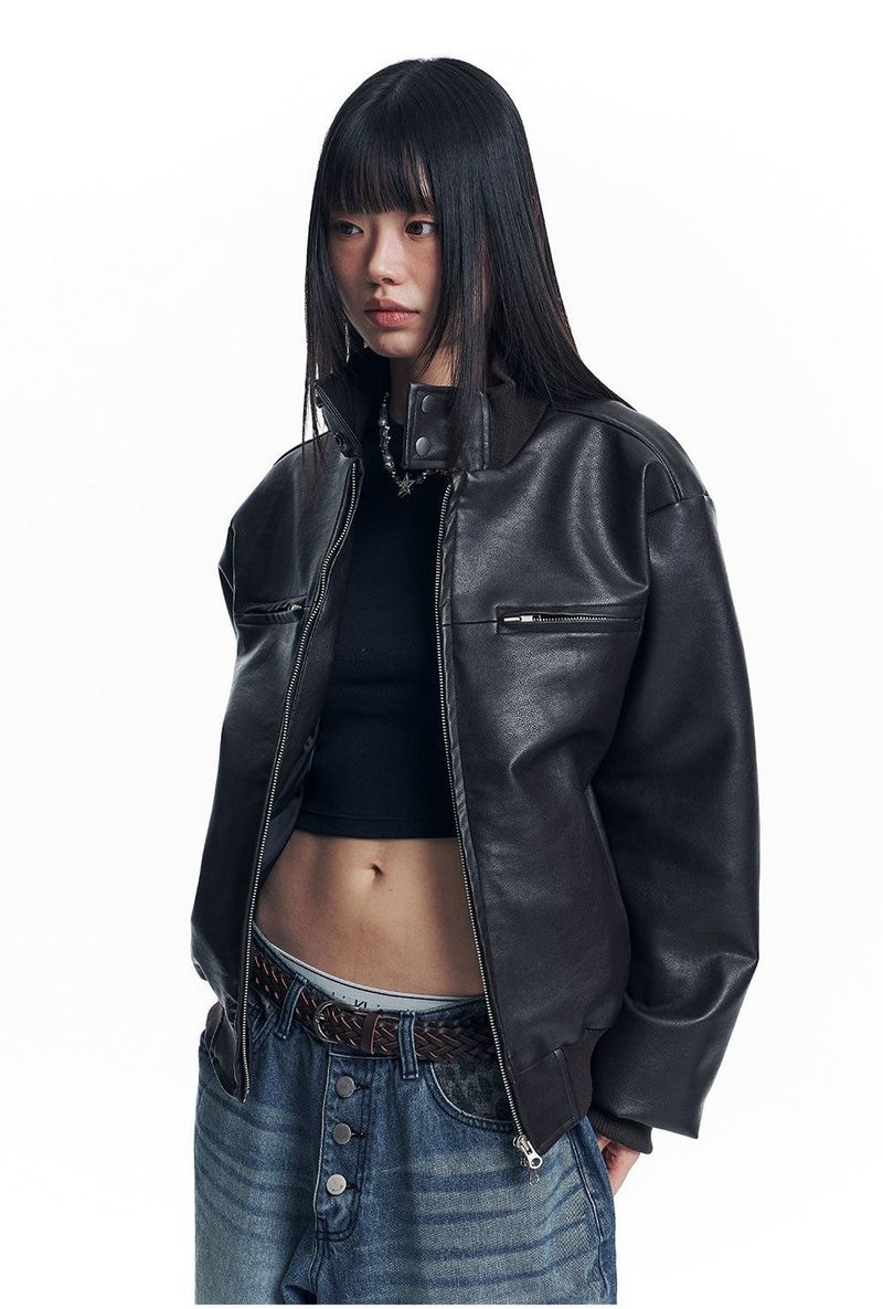 High Neck Leather Crop Jacket - Brown