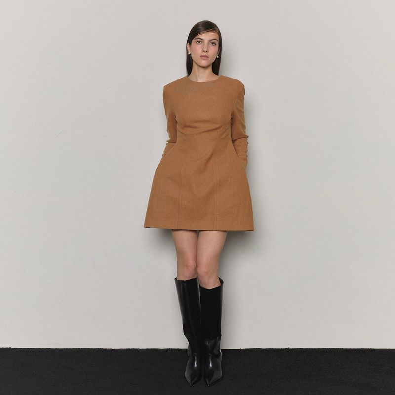 Wool Blended Hourglass Dress _ Camel