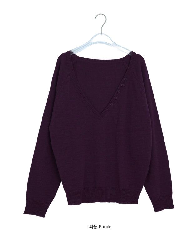 Bastin Loose-Fit Button Deep V-Neck Knit