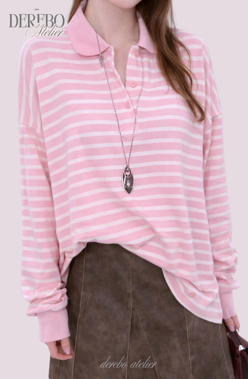 Pink Stripe Loose Collar Tee