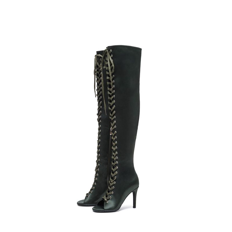 Satin Lace-Up Open Toe Boots Heel(Khaki)